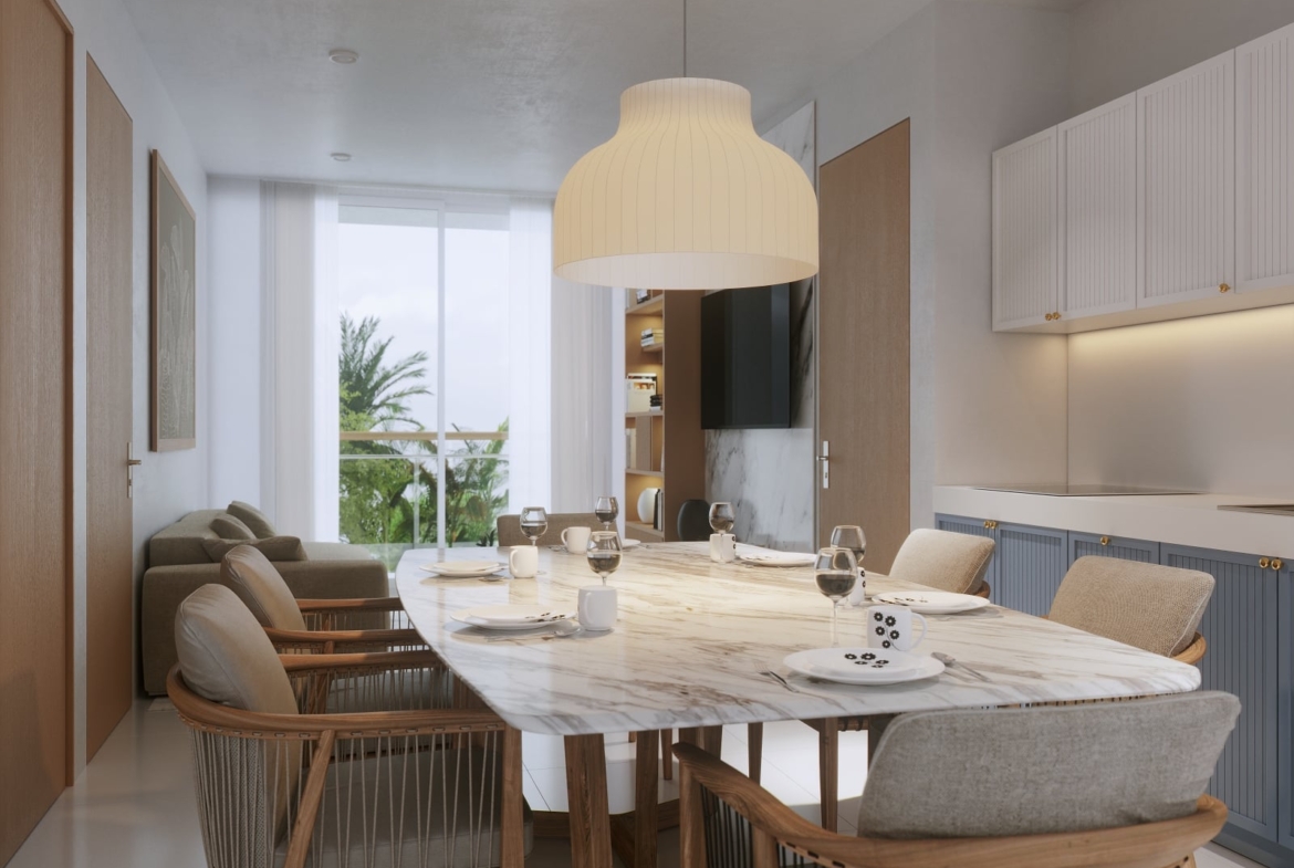 a dining table with chairs and a large chandelier