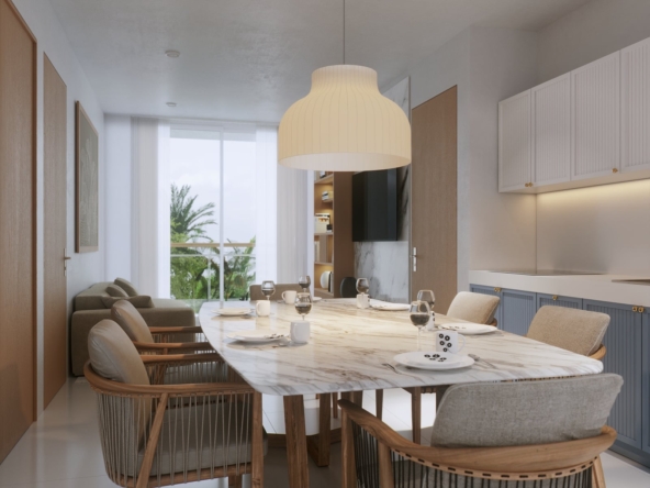 a dining table with chairs and a large chandelier