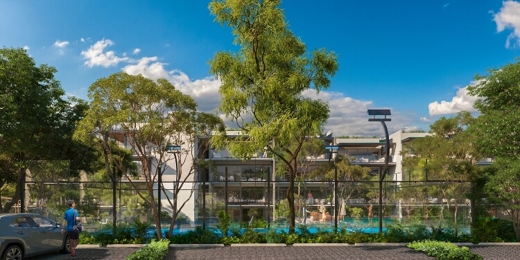 a building with trees and a pool