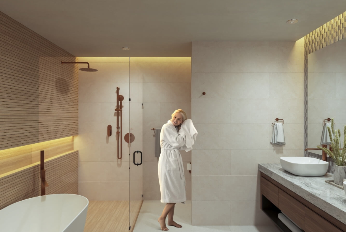 a woman in a white robe in a bathroom