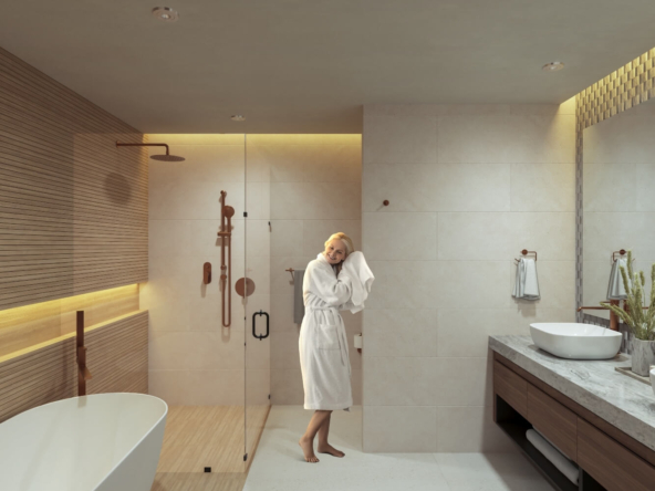 a woman in a white robe in a bathroom